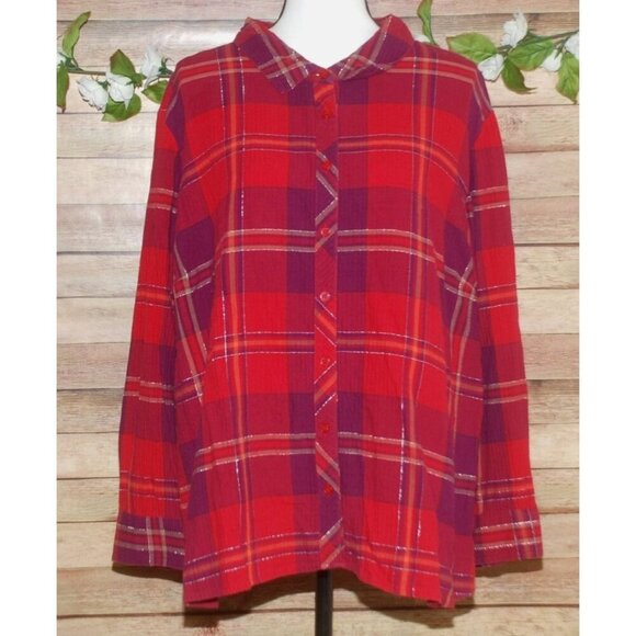 Catherines Red Plaid Metallic Button Front Shirt Blouse Size 2X 22W 24W Petite - Picture 1 of 8